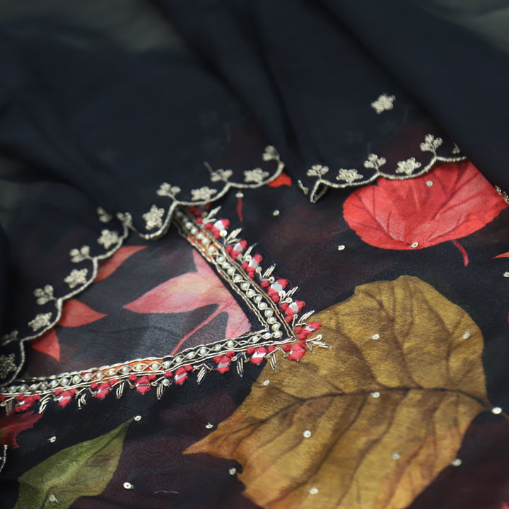 Sofiya Jade Black V Neck Floral Printed Organza Top with Organza Dupatta