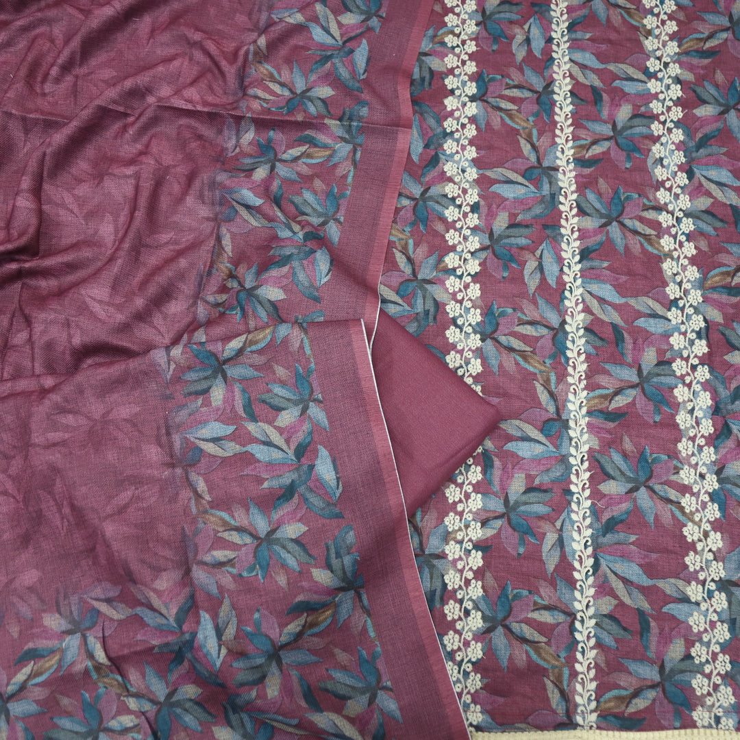 Khair Grape Purple Thread Weaved Printed Semi Pashmina Set