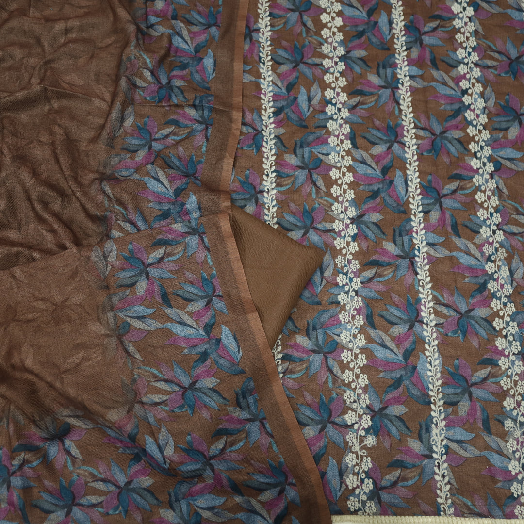 Khair Wood Brown Thread Weaved Printed Semi Pashmina Set