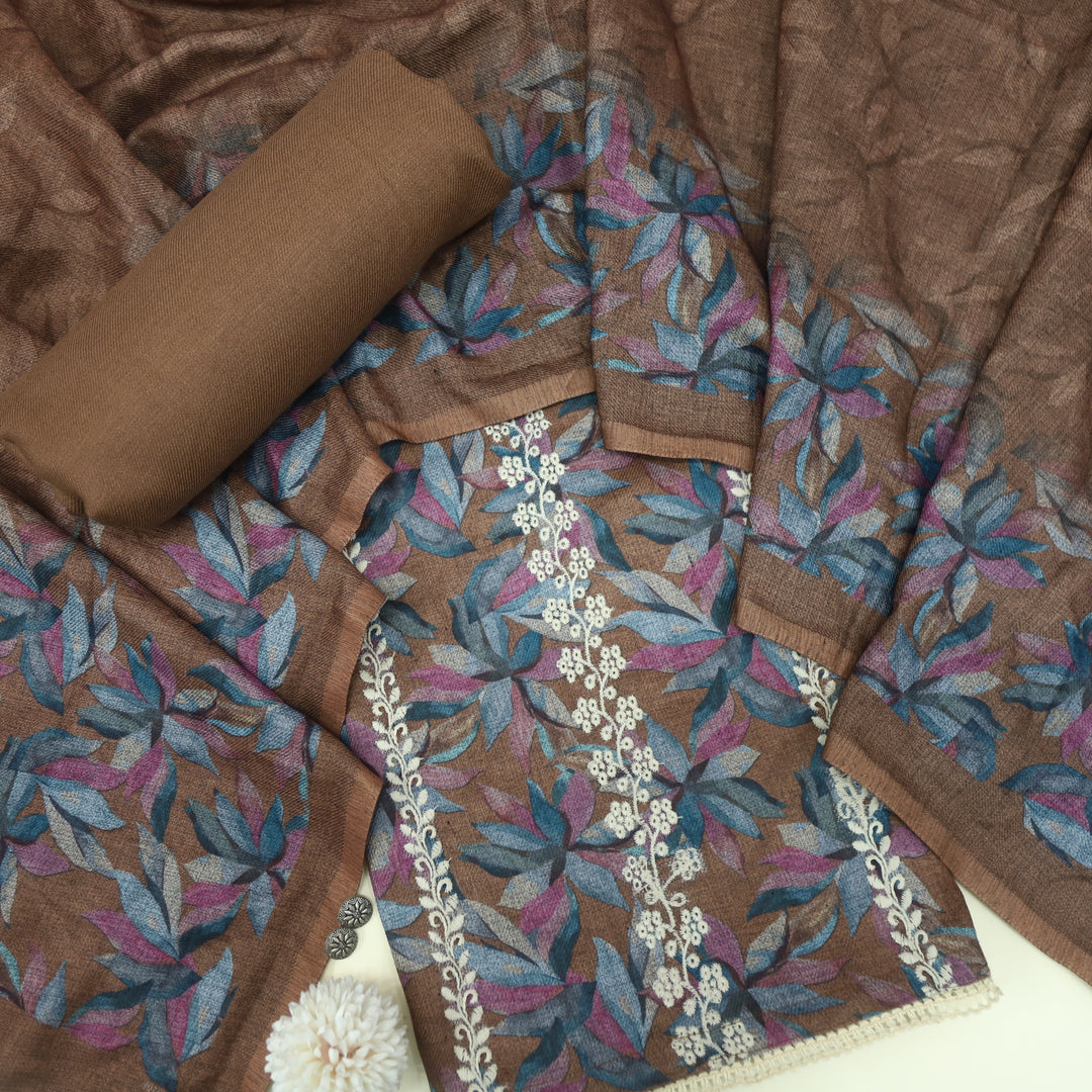 Khair Wood Brown Thread Weaved Printed Semi Pashmina Set
