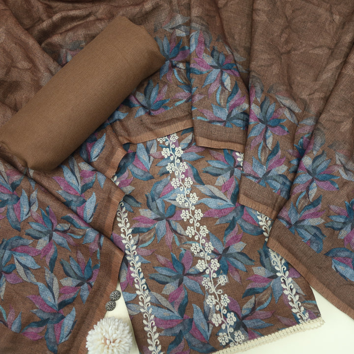 Khair Wood Brown Thread Weaved Printed Semi Pashmina Set
