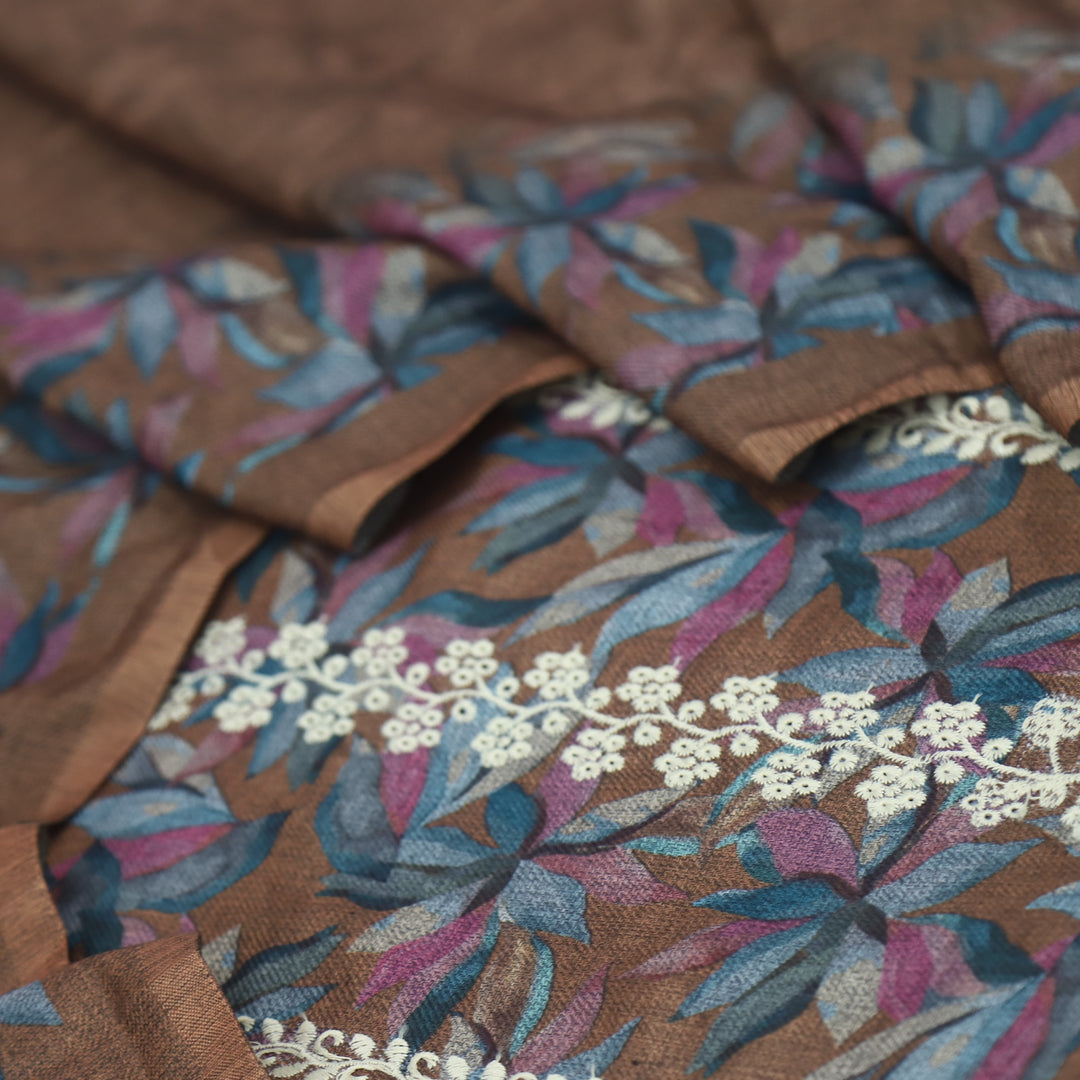 Khair Wood Brown Thread Weaved Printed Semi Pashmina Set