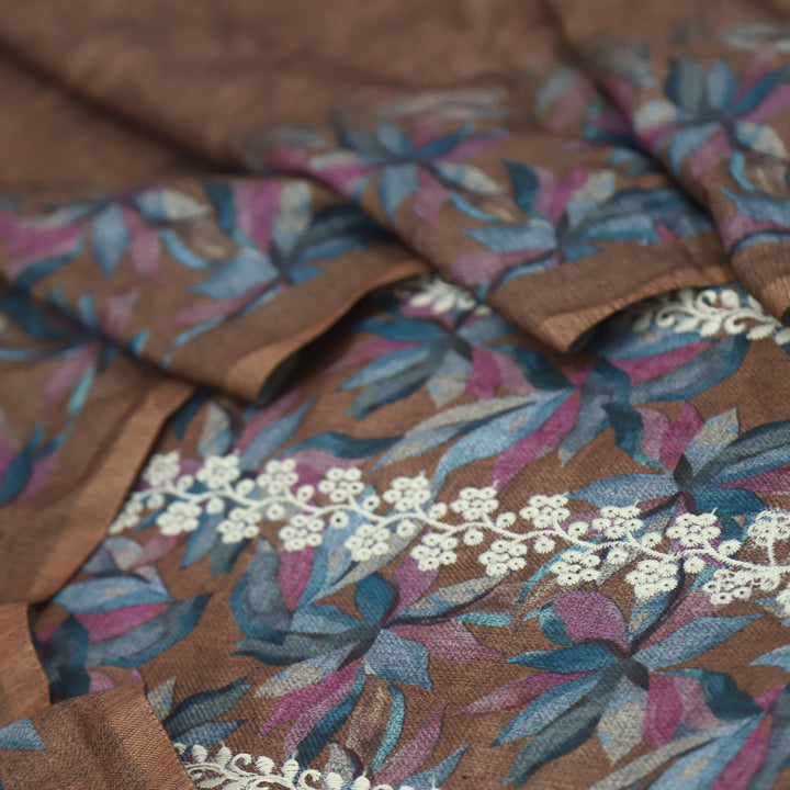 Khair Wood Brown Thread Weaved Printed Semi Pashmina Set