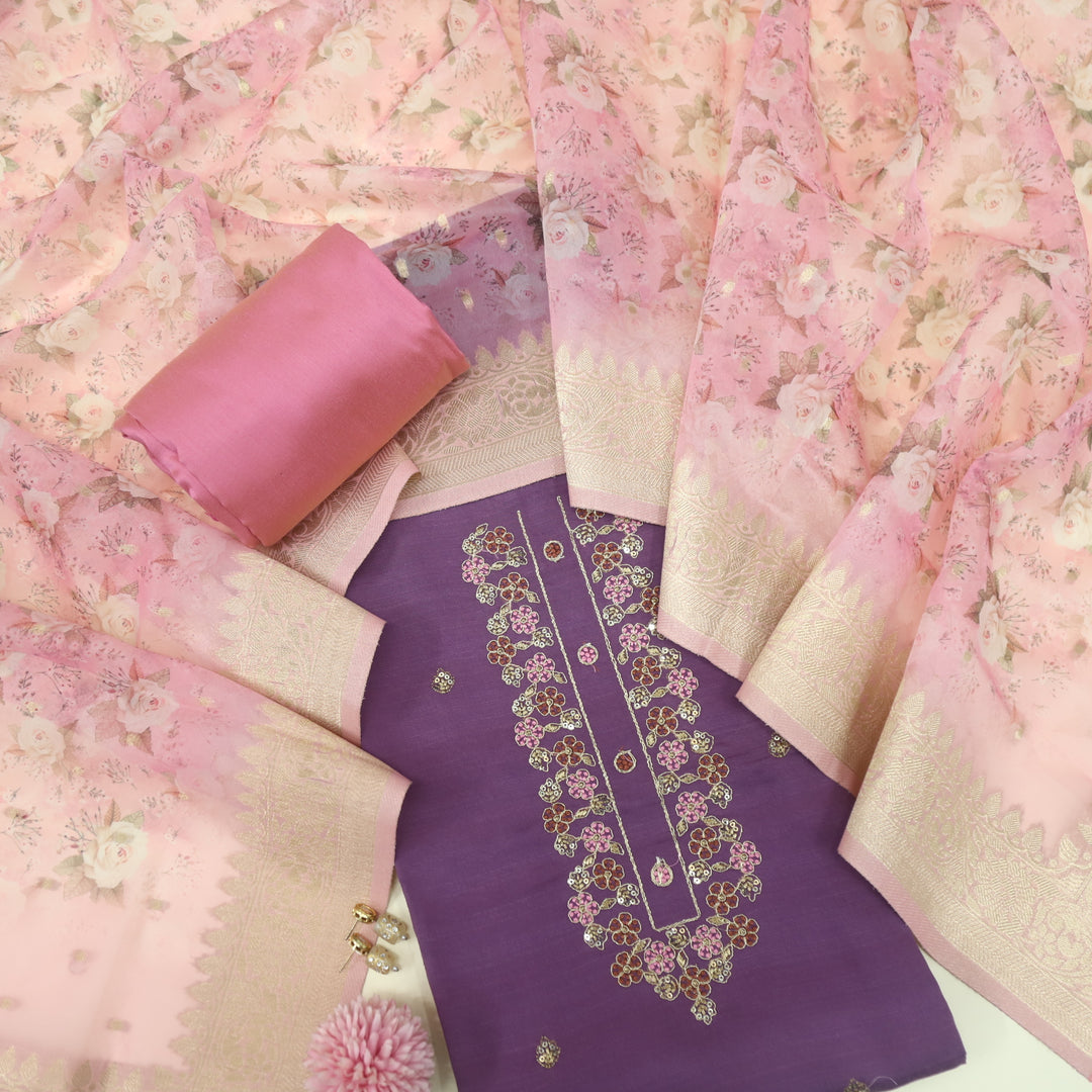 Fitoor Mulberry Mauve Zari Embroidered Work Neck Modal Suit Set