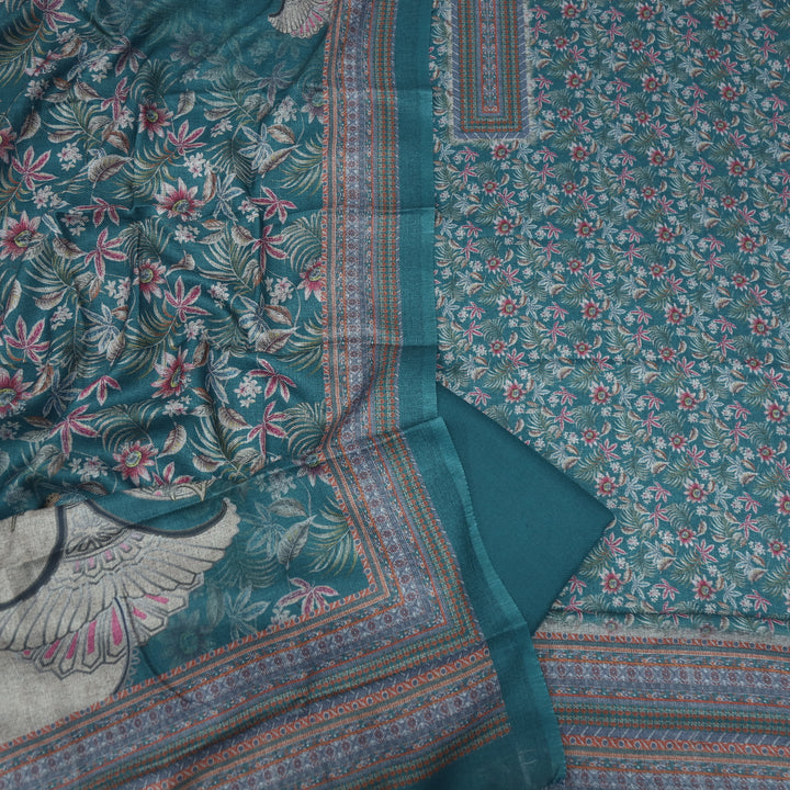 Faryaad Bottle Green Floral Printed Semi Pashmina Suit Set
