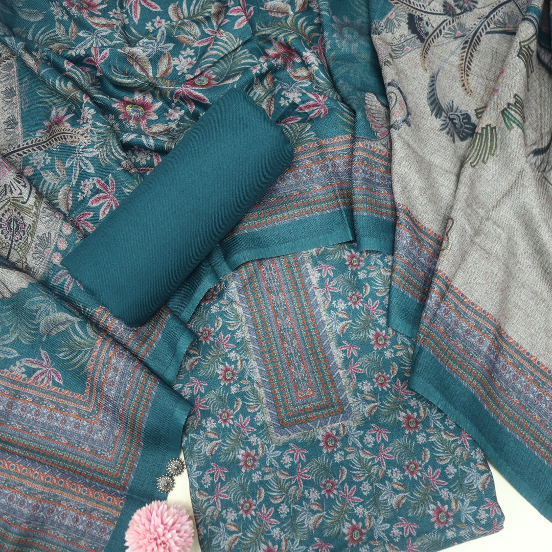 Faryaad Bottle Green Floral Printed Semi Pashmina Suit Set