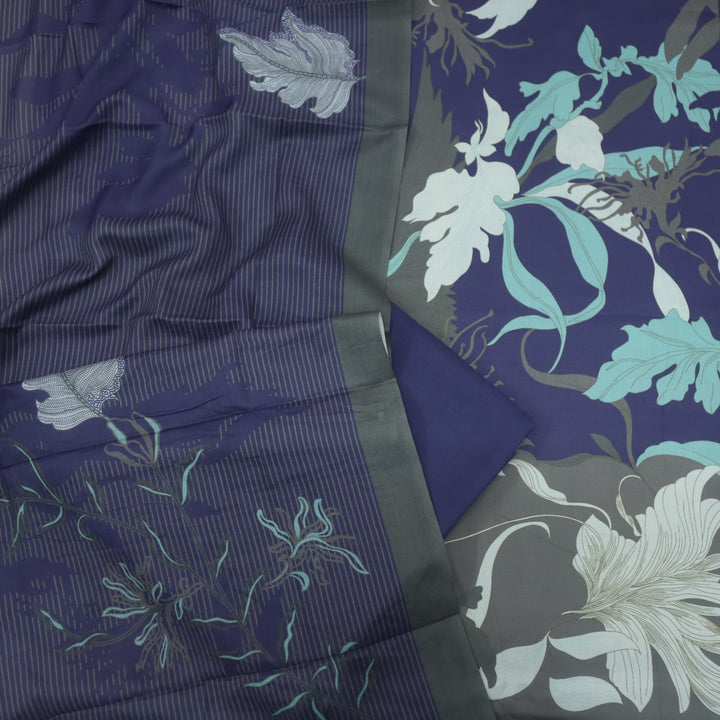 Zulf Eggplant Purple Tropical Printed Semi Pashmina Suit Set