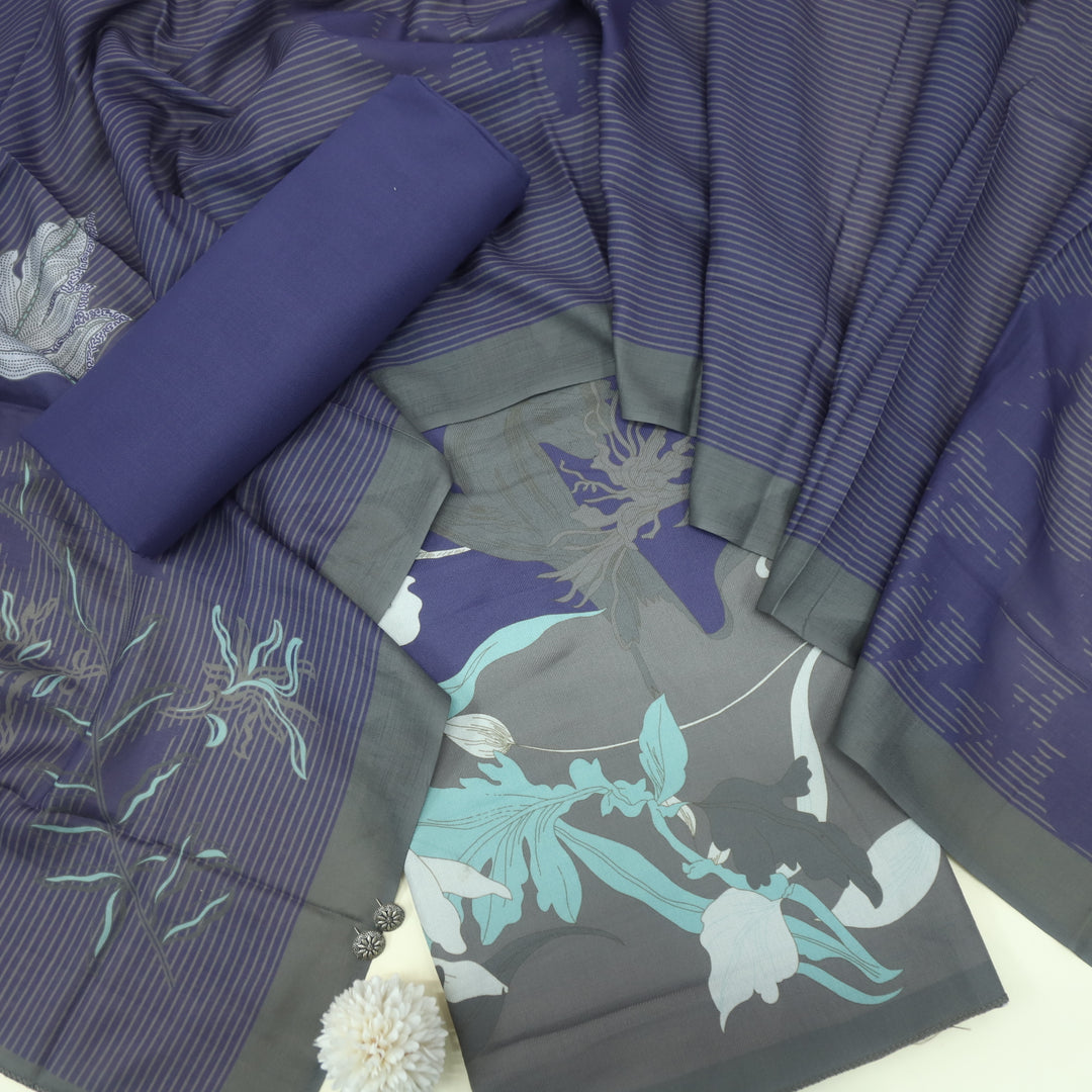 Zulf Eggplant Purple Tropical Printed Semi Pashmina Suit Set