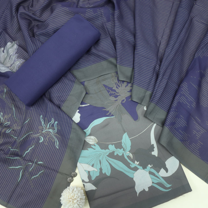 Zulf Eggplant Purple Tropical Printed Semi Pashmina Suit Set