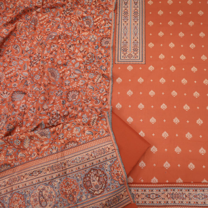 Kamli Peel Orange Thread Weaved Neck with Zari Semi Pashmina Suit Set