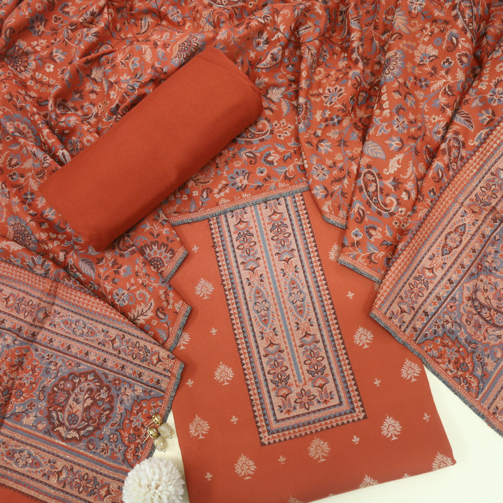 Kamli Peel Orange Thread Weaved Neck with Zari Semi Pashmina Suit Set
