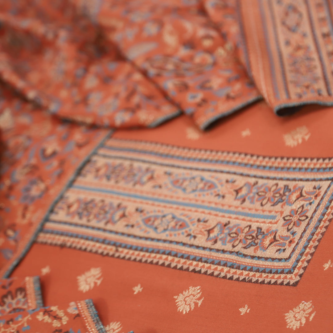 Kamli Peel Orange Thread Weaved Neck with Zari Semi Pashmina Suit Set