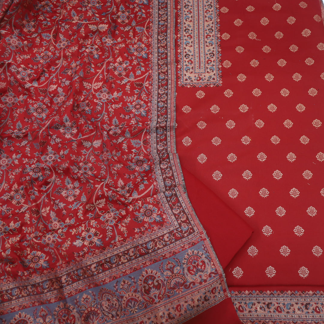 Kamli Cherry Red Thread Weaved Neck with Zari Semi Pashmina Suit Set
