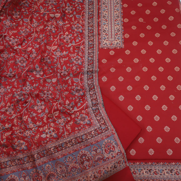 Kamli Cherry Red Thread Weaved Neck with Zari Semi Pashmina Suit Set