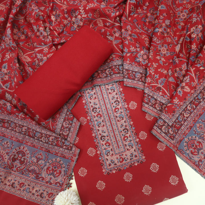 Kamli Cherry Red Thread Weaved Neck with Zari Semi Pashmina Suit Set