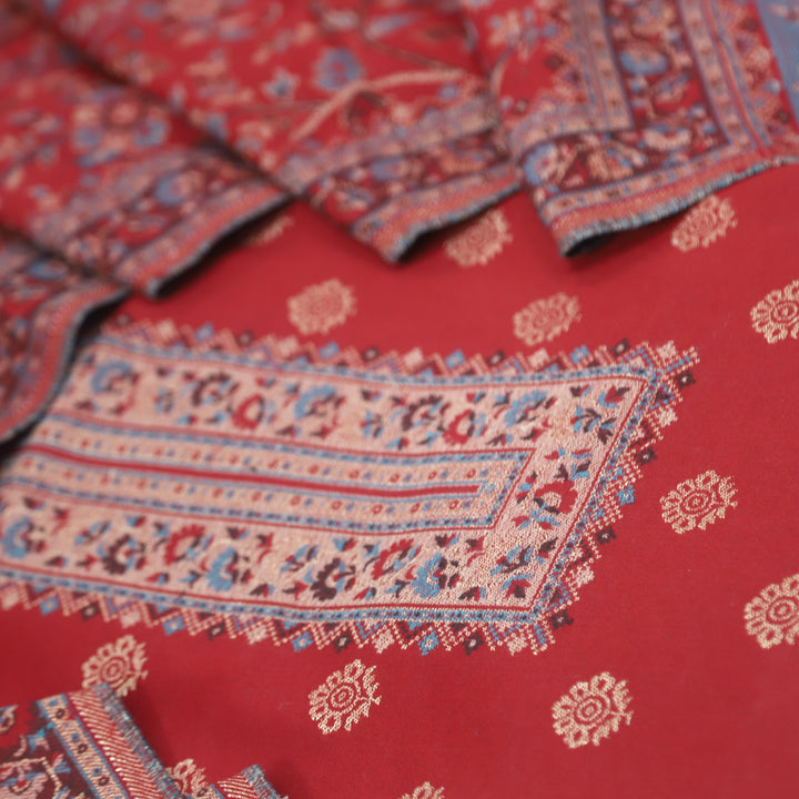 Kamli Cherry Red Thread Weaved Neck with Zari Semi Pashmina Suit Set