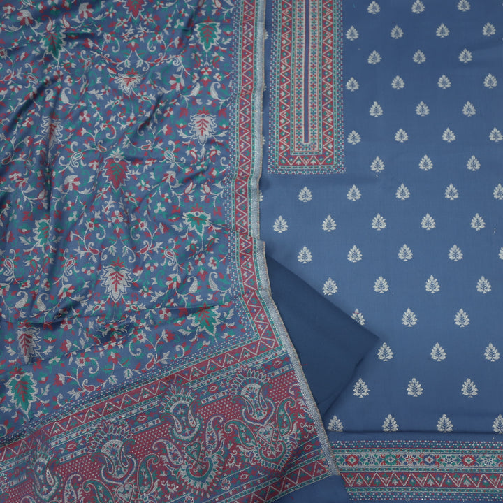 Kamli Faded Blue Thread Weaved Neck with Zari Semi Pashmina Suit Set
