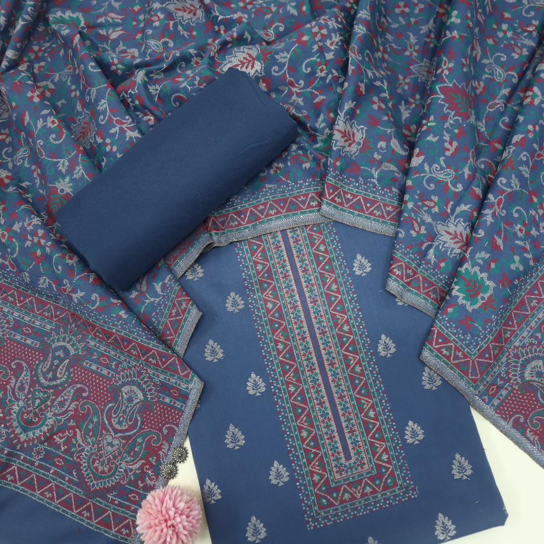 Kamli Faded Blue Thread Weaved Neck with Zari Semi Pashmina Suit Set