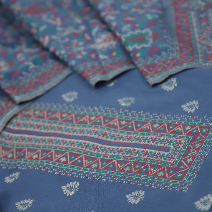 Kamli Faded Blue Thread Weaved Neck with Zari Semi Pashmina Suit Set