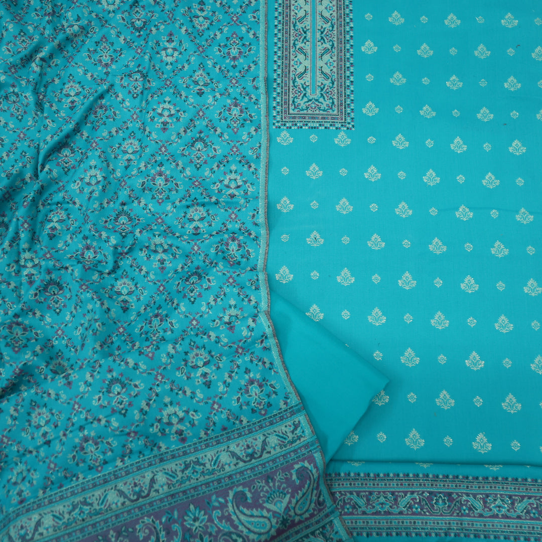 Kamli Aqua Blue Thread Weaved Neck with Zari Semi Pashmina Suit Set