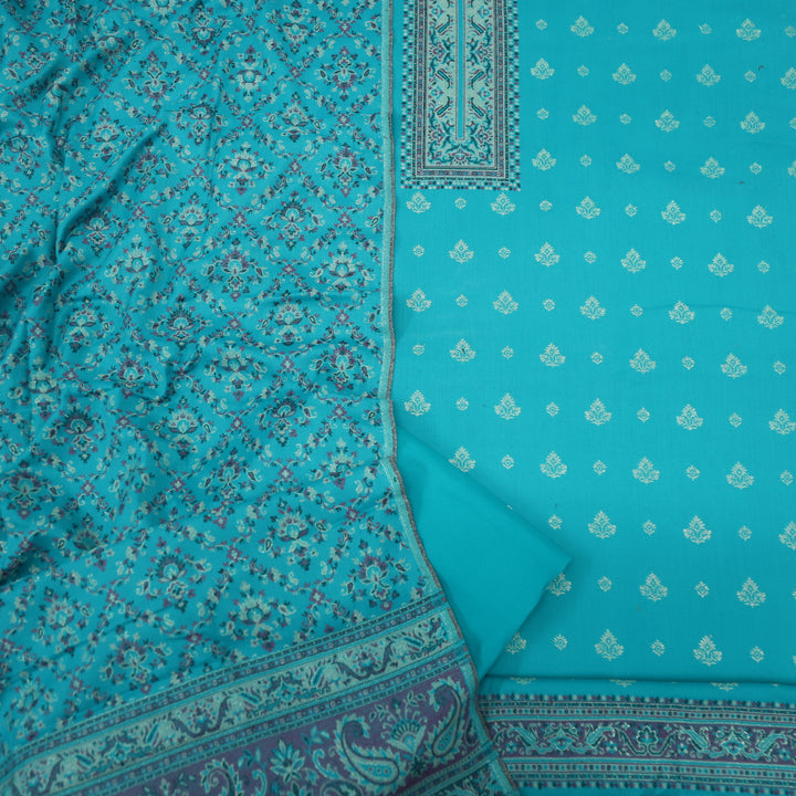 Kamli Aqua Blue Thread Weaved Neck with Zari Semi Pashmina Suit Set