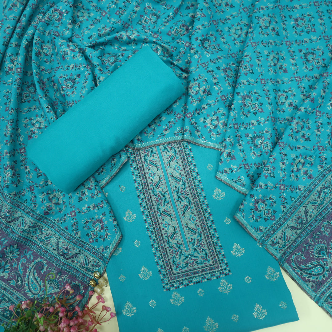 Kamli Aqua Blue Thread Weaved Neck with Zari Semi Pashmina Suit Set