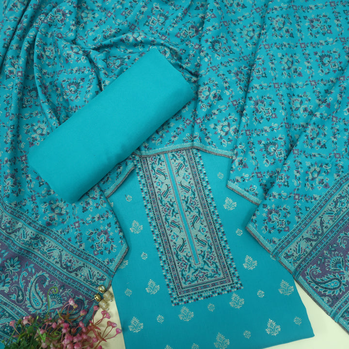 Kamli Aqua Blue Thread Weaved Neck with Zari Semi Pashmina Suit Set