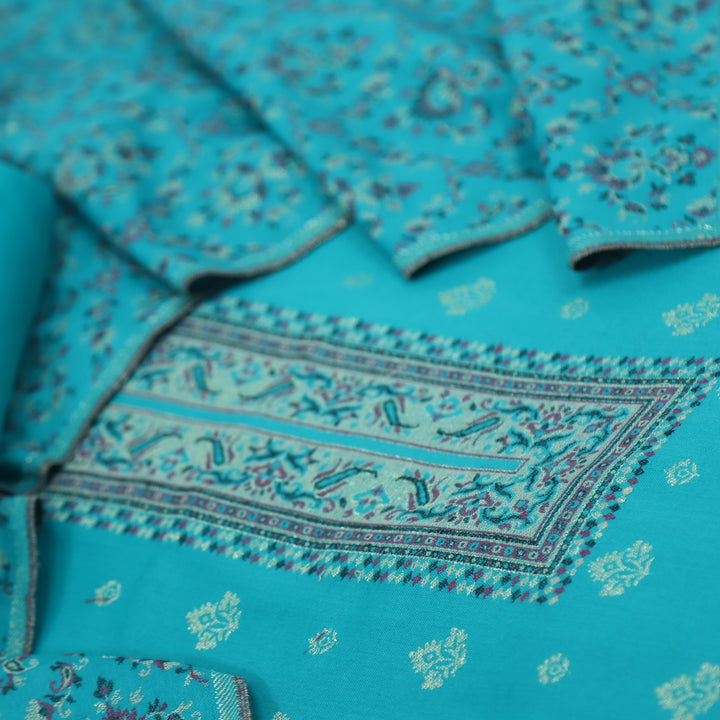 Kamli Aqua Blue Thread Weaved Neck with Zari Semi Pashmina Suit Set