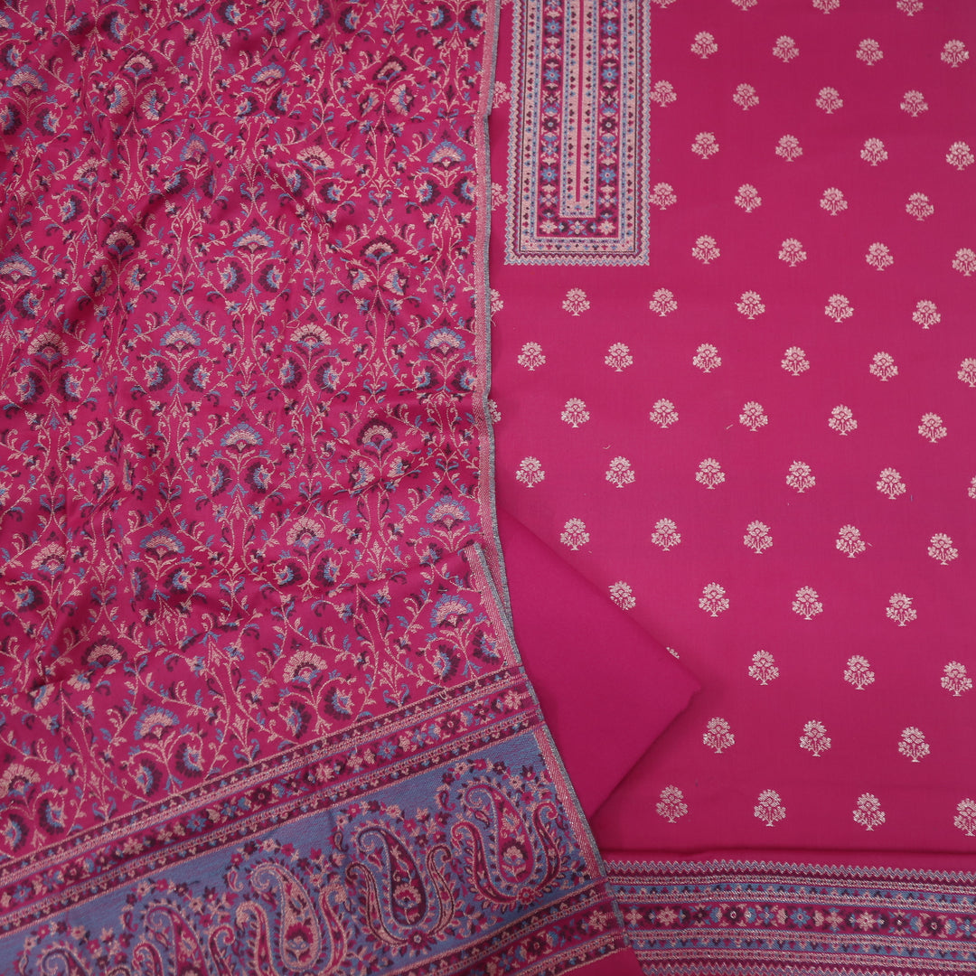 Kamli Magenta Pink Thread Weaved Neck with Zari Semi Pashmina Suit Set
