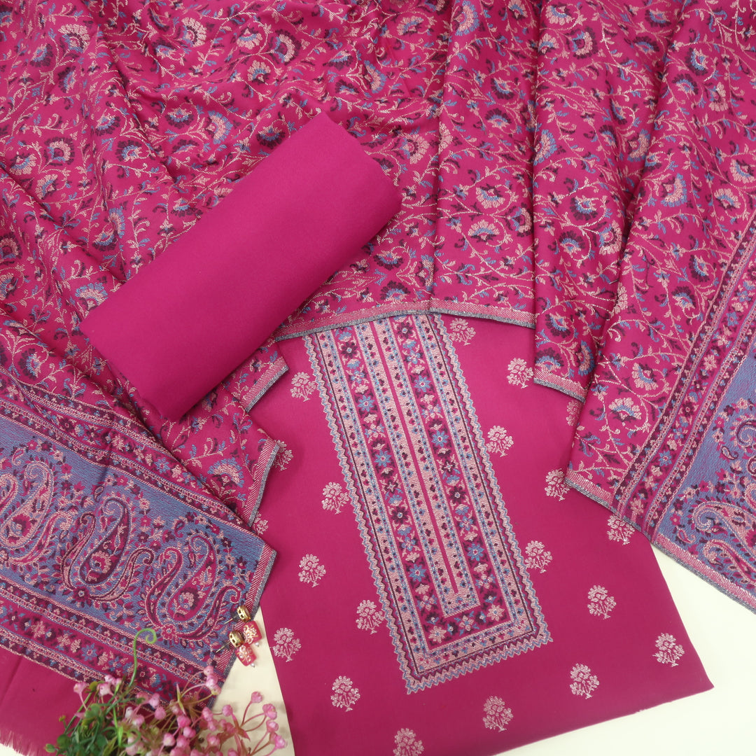 Kamli Magenta Pink Thread Weaved Neck with Zari Semi Pashmina Suit Set