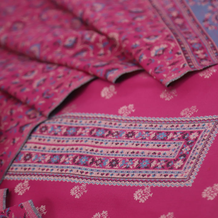 Kamli Magenta Pink Thread Weaved Neck with Zari Semi Pashmina Suit Set