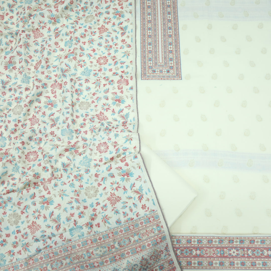 Kamli Cream White Thread Weaved Neck with Zari Semi Pashmina Suit Set
