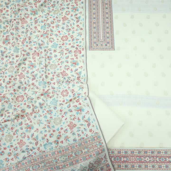 Kamli Cream White Thread Weaved Neck with Zari Semi Pashmina Suit Set