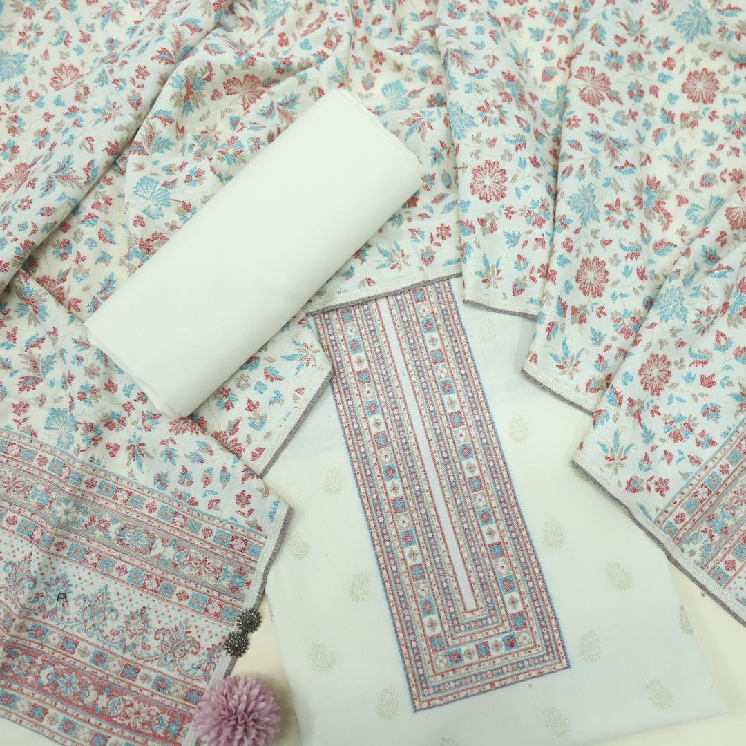 Kamli Cream White Thread Weaved Neck with Zari Semi Pashmina Suit Set