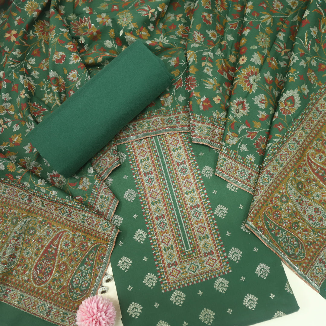 Kamli Forest Green Thread Weaved Neck with Zari Semi Pashmina Suit Set