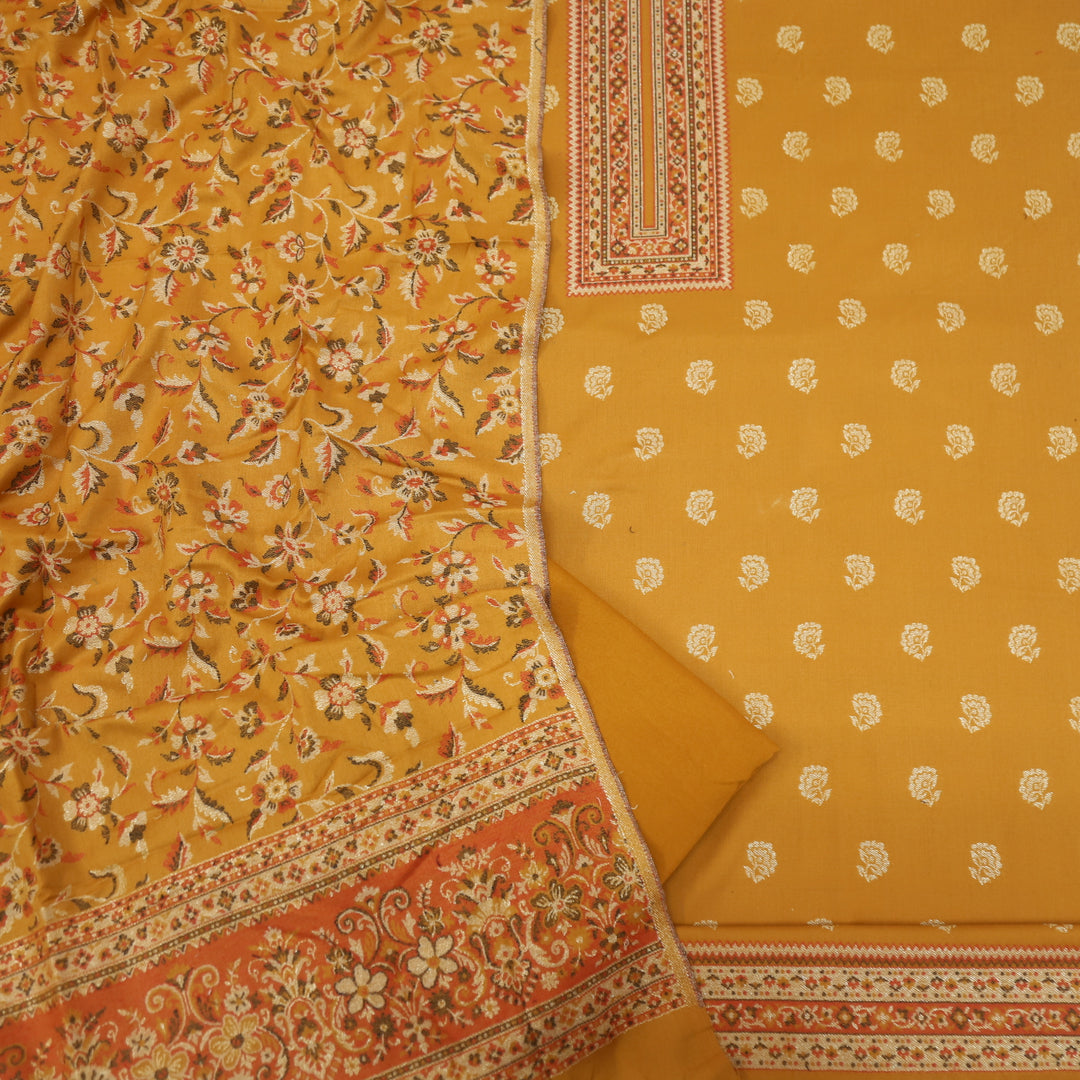 Kamli Turmeric Yellow Thread Weaved Neck with Zari Semi Pashmina Suit Set