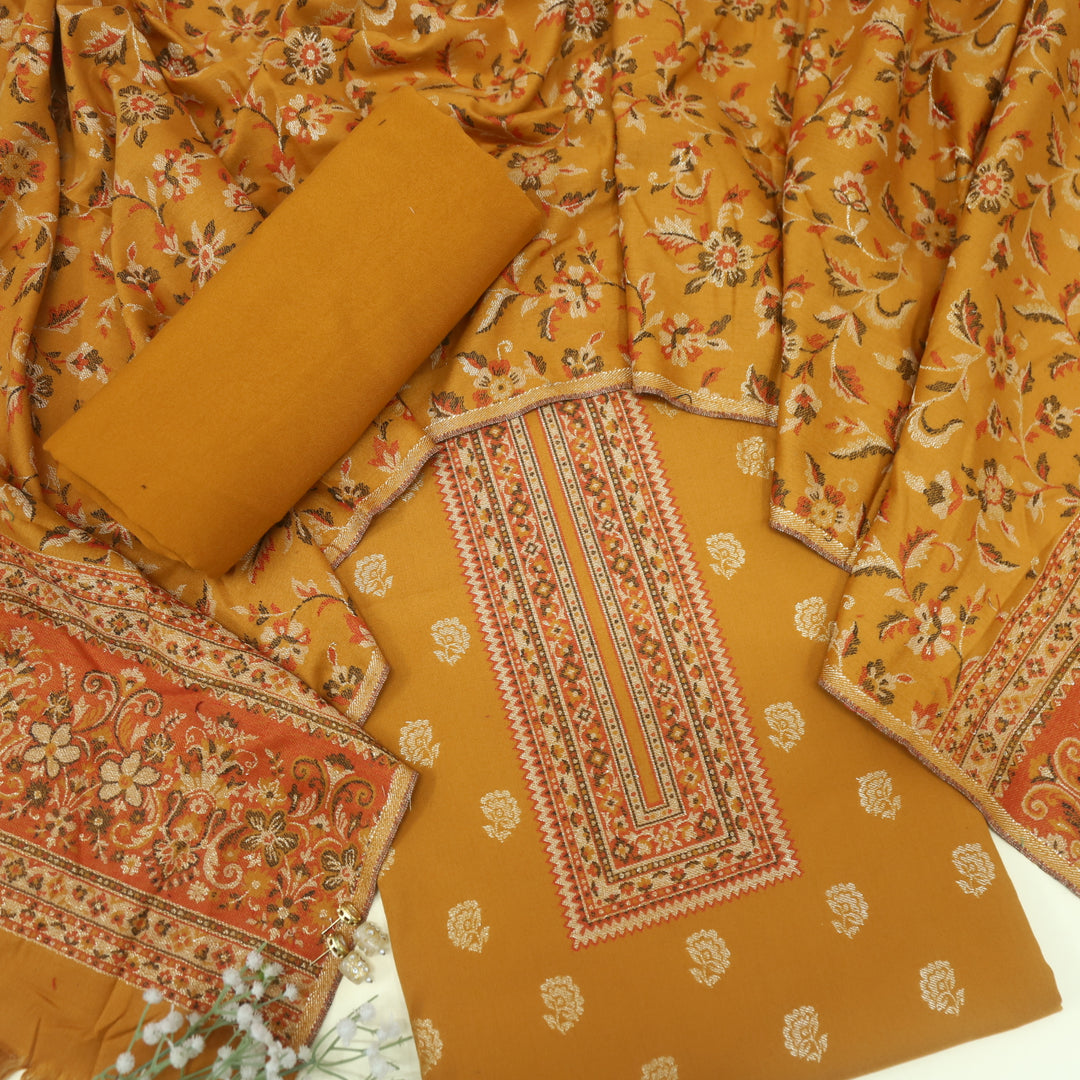 Kamli Turmeric Yellow Thread Weaved Neck with Zari Semi Pashmina Suit Set