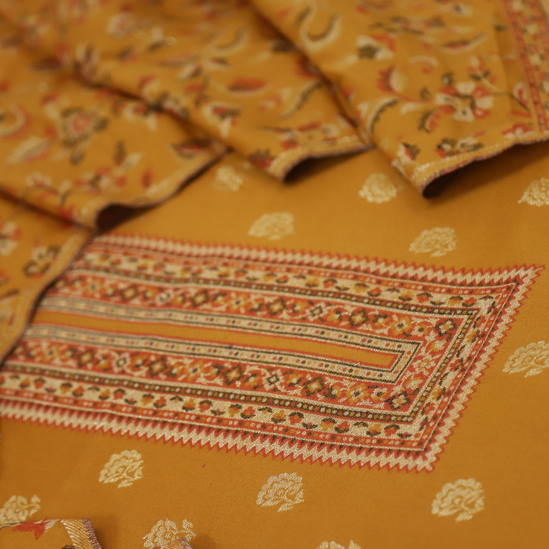 Kamli Turmeric Yellow Thread Weaved Neck with Zari Semi Pashmina Suit Set