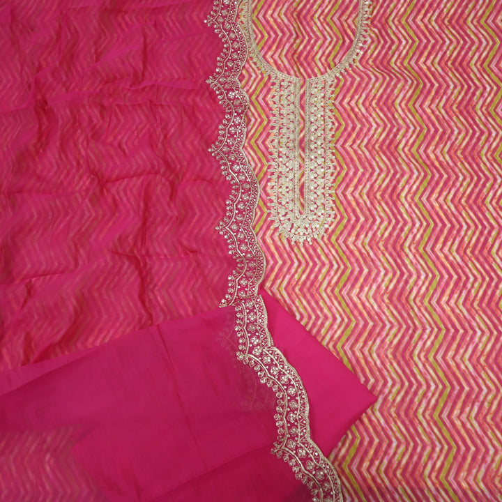 Rishta Barbie Pink Zig-Zag Printed Zari Embroidered Organza Suit Set