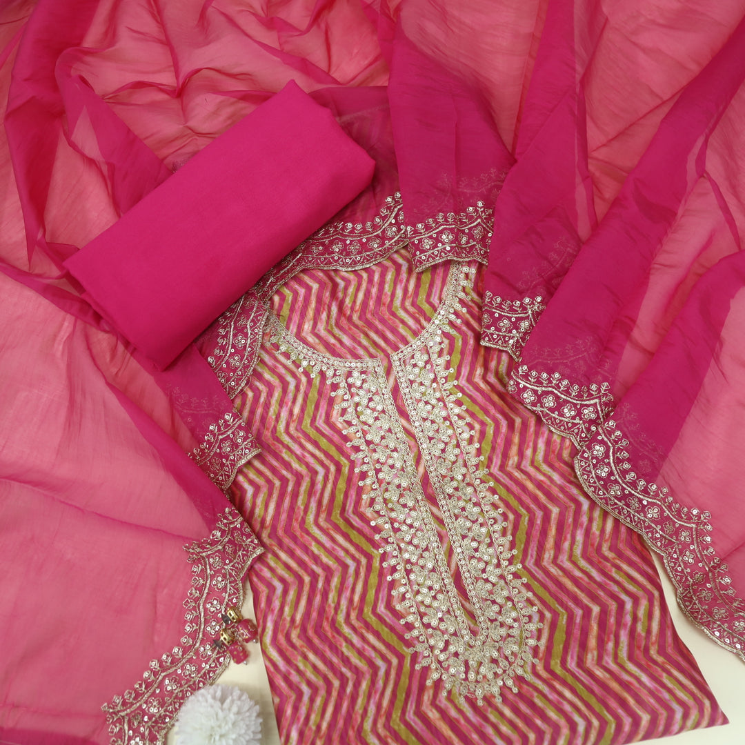 Rishta Barbie Pink Zig-Zag Printed Zari Embroidered Organza Suit Set