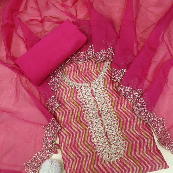 Rishta Barbie Pink Zig-Zag Printed Zari Embroidered Organza Suit Set