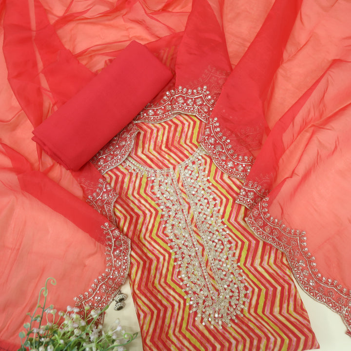 Rishta Chili Red Zig-Zag Printed Zari Embroidered Organza Suit Set