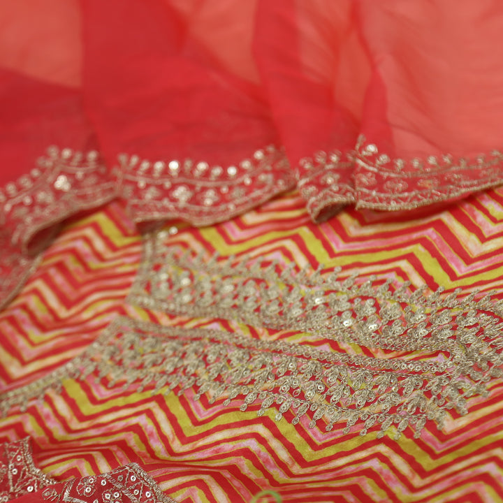 Rishta Chili Red Zig-Zag Printed Zari Embroidered Organza Suit Set
