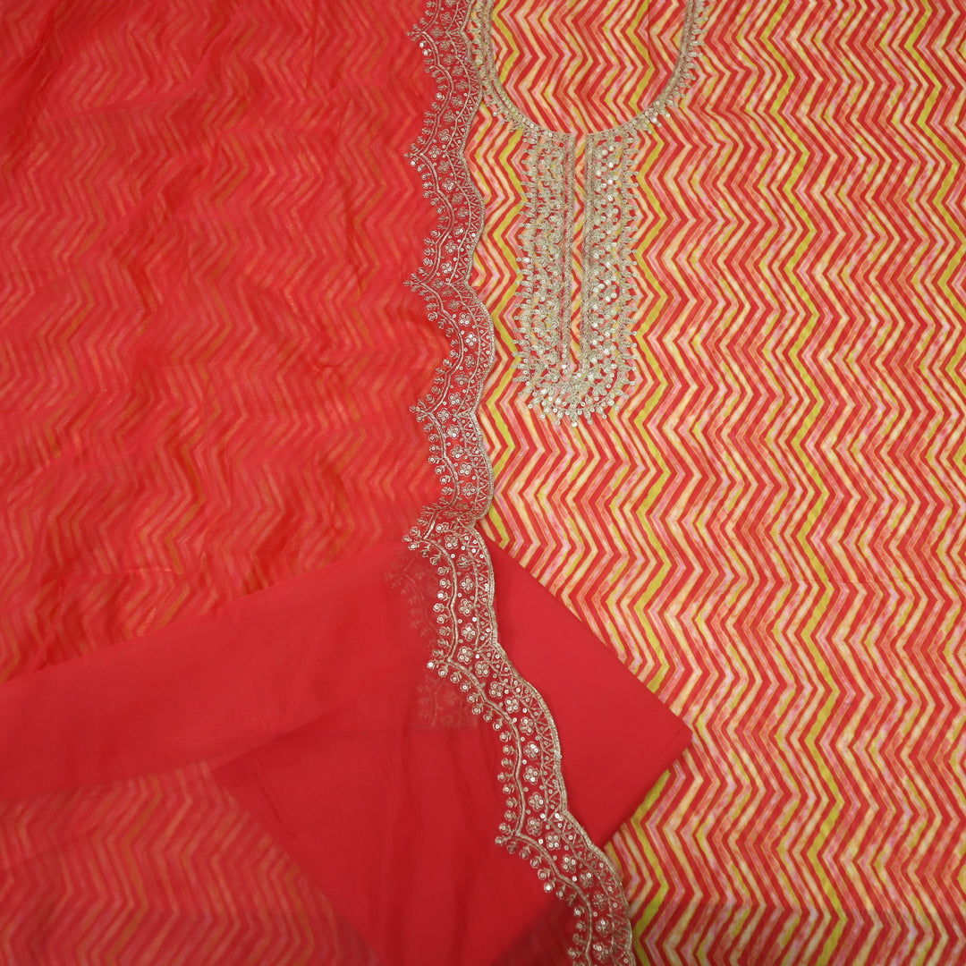 Rishta Chili Red Zig-Zag Printed Zari Embroidered Organza Suit Set