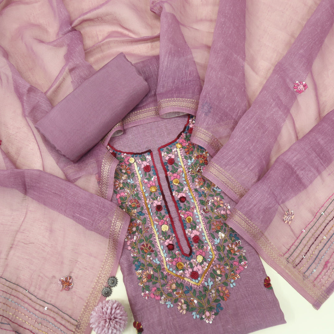 Kohinoor Thulian Pink Thread Embroidered Neck Work Chanderi Suit Set