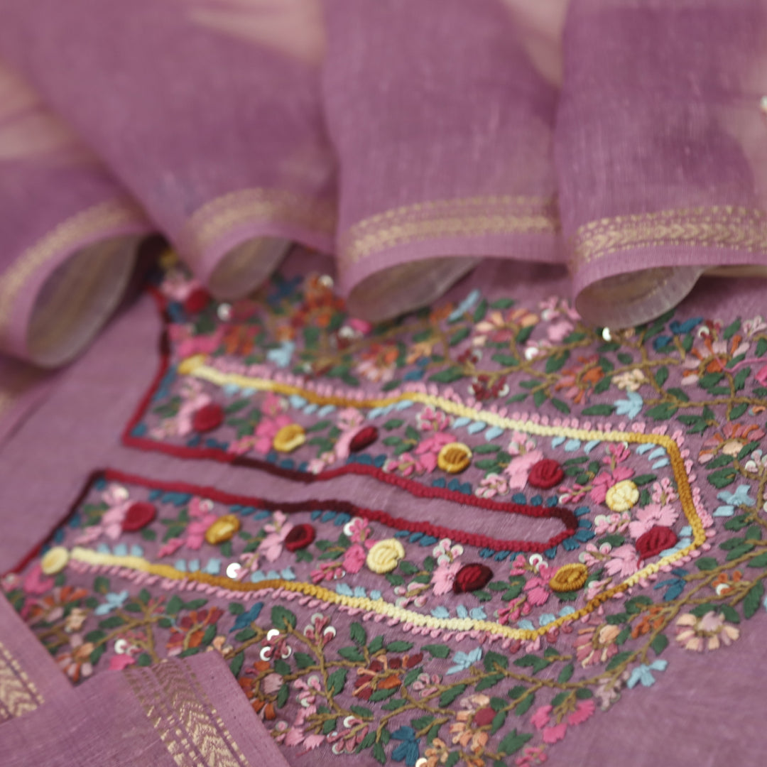 Kohinoor Thulian Pink Thread Embroidered Neck Work Chanderi Suit Set