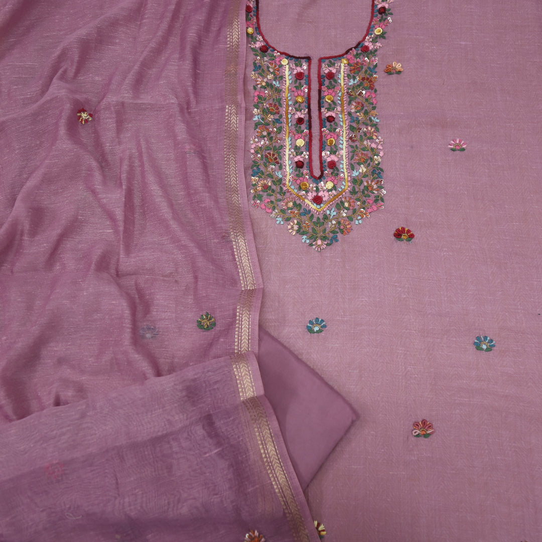 Kohinoor Thulian Pink Thread Embroidered Neck Work Chanderi Suit Set