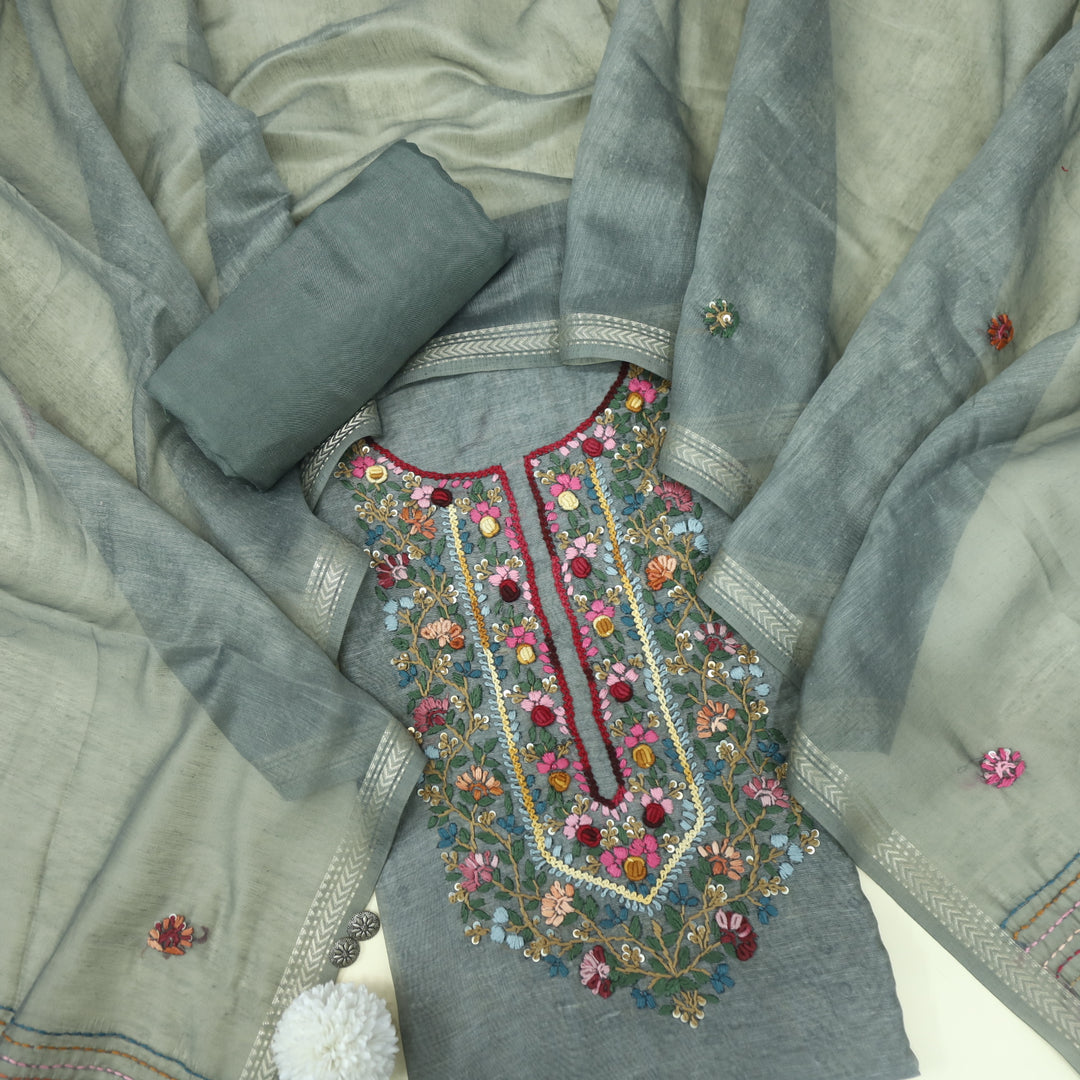 Kohinoor Grey Green Thread Embroidered Neck Work Chanderi Suit Set