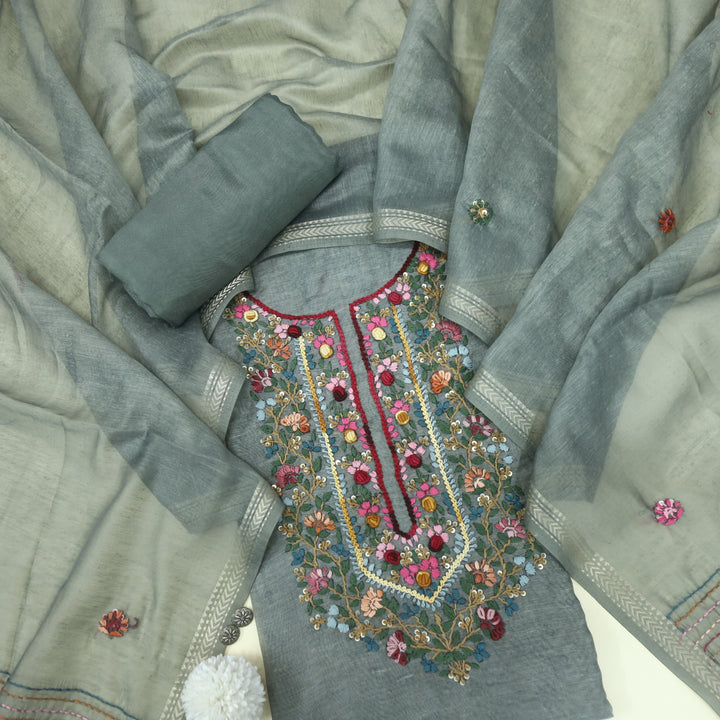 Kohinoor Grey Green Thread Embroidered Neck Work Chanderi Suit Set