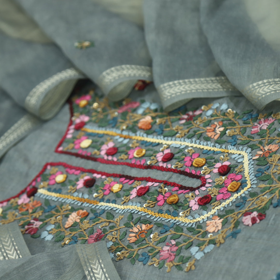 Kohinoor Grey Green Thread Embroidered Neck Work Chanderi Suit Set